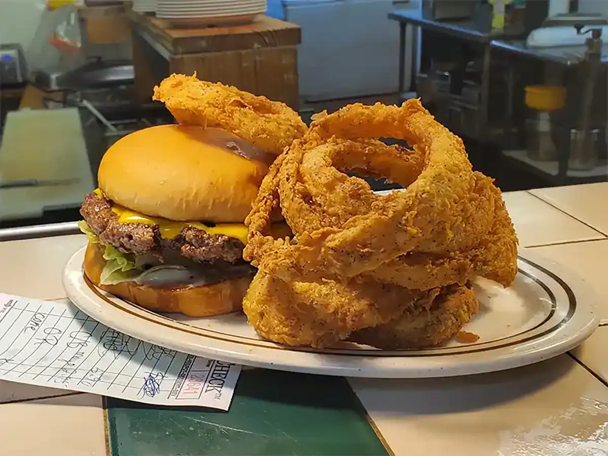 Cheeseburger and onion rings from Bledsoe's Diner in Atoka, OK